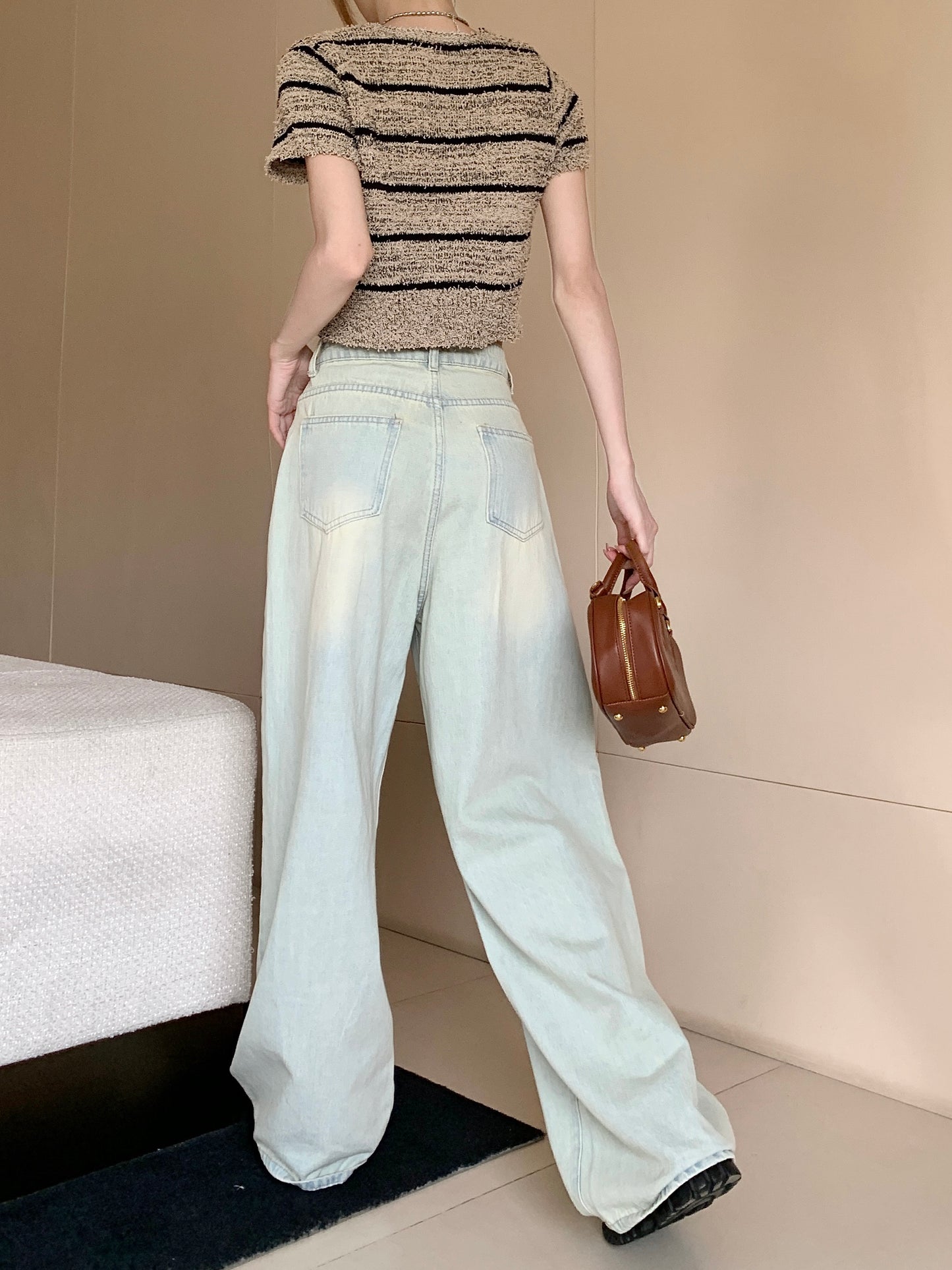Quần Bò Màu Xanh Nhạt Cổ Điển Giặt Nước Cỡ Lớn Quần Ống Rộng Cạp Cao Mùa Hè Cho Nữ Quần Lau Sàn Rộng Rãi Instagram