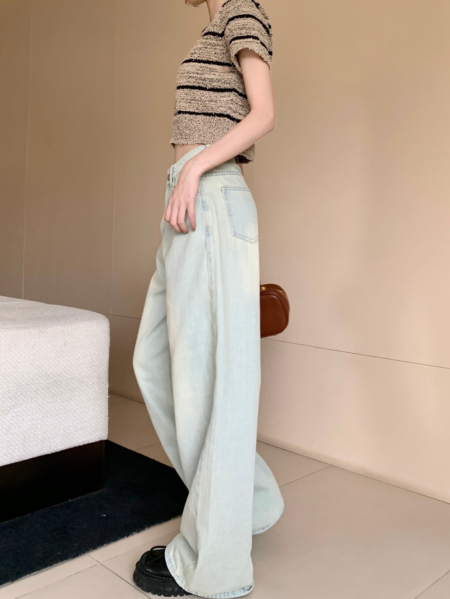 Quần Bò Màu Xanh Nhạt Cổ Điển Giặt Nước Cỡ Lớn Quần Ống Rộng Cạp Cao Mùa Hè Cho Nữ Quần Lau Sàn Rộng Rãi Instagram