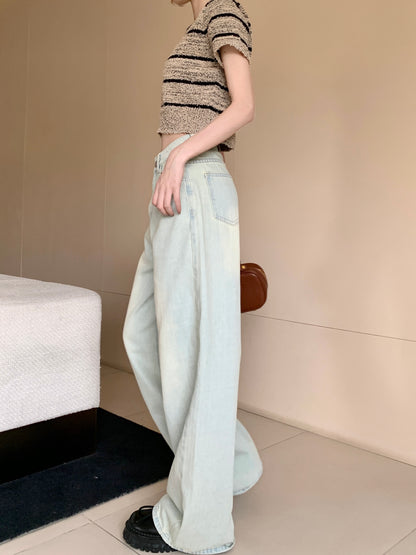 Quần Bò Màu Xanh Nhạt Cổ Điển Giặt Nước Cỡ Lớn Quần Ống Rộng Cạp Cao Mùa Hè Cho Nữ Quần Lau Sàn Rộng Rãi Instagram